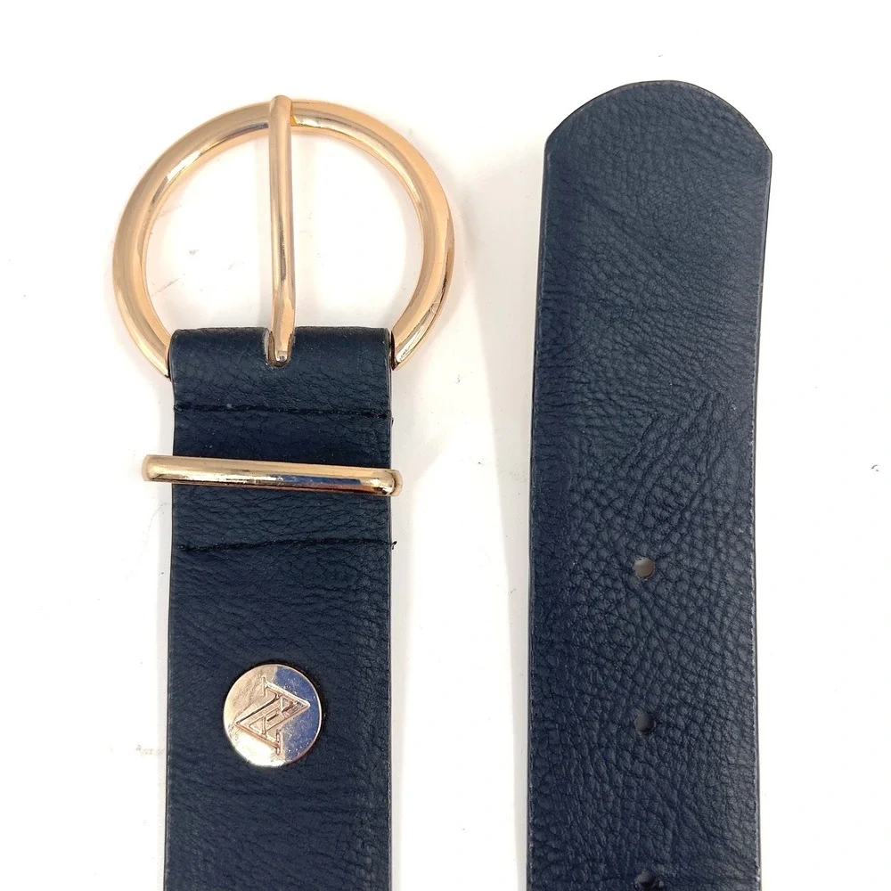Adrienne Vittadini Womens Wide Black Belt Rose Gold Round Buckle Classic S | M